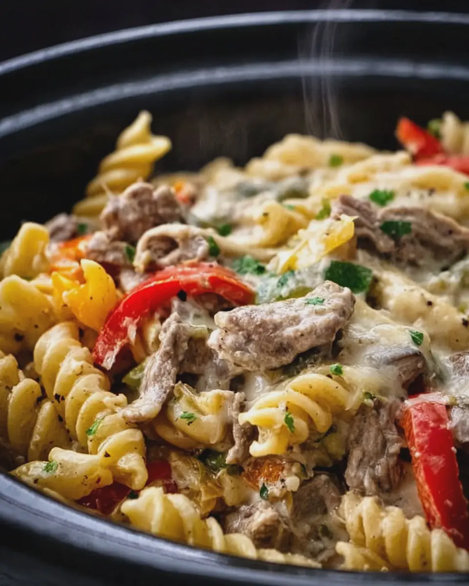 easy crockpot philly cheesesteak pasta