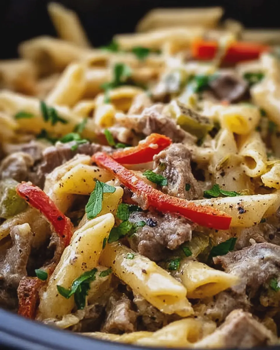 easy crockpot philly cheesesteak pasta
